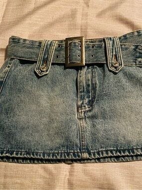 Denim Belted Mini Skirt with Square Buckle - Blue
